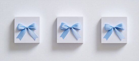 Aufkleber - Elegant trio of white gift boxes adorned with blue ribbon bows arranged neatly on a clean white background for festive celebrations.