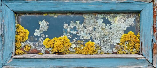 Fototapete - Weathered blue window frame showcasing vibrant lichens ideal for rustic decor and nature inspired art compositions