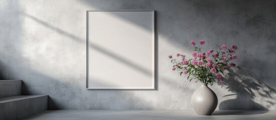Aufkleber - Minimalist interior mockup with white frame and vase of pink asters on gray wall perfect for displaying artwork or design ideas