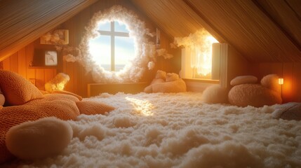 Leinwandbilder - cozy attic interior with soft mineral wool decor and warm sunlight streaming through a circular wind