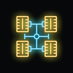 Poster - Neon chassis with servers connected to network hub icon glowing on black background, concept of data center