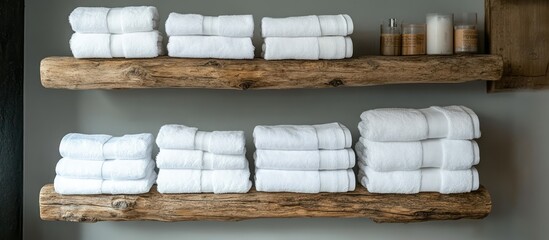 Leinwandbilder - Neatly arranged white towels on rustic wooden shelves enhancing contemporary bathroom decor and elegance