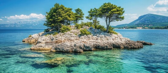 Aufkleber - Tranquil rocky island in clear blue water highlighting untouched nature and serene coastal beauty perfect for nature lovers and relaxation seekers