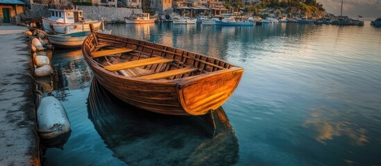 Poster - Serene vintage wooden boat reflected in calm harbor waters at sunset with charming coastal scenery and gentle waves.