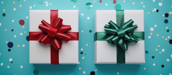 Aufkleber - Festively wrapped gifts with vibrant ribbons on colorful background perfect for holiday celebrations and seasonal promotions