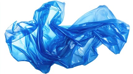 Poster - Textured blue transparent plastic sheeting gracefully crumpled and isolated against a clean white background for artistic and commercial use