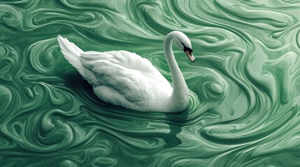 Poster - Elegant white swan gracefully gliding through a vibrant green swirling pond water creating a serene natural scene