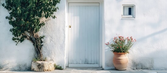 Poster - Charming white traditional door with potted flowers and greenery against a textured wall in a serene outdoor setting