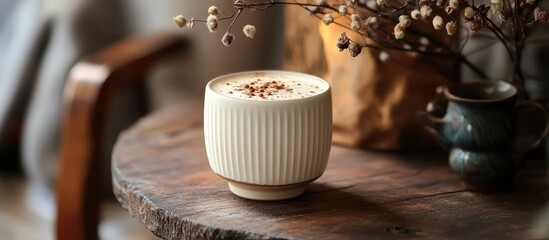 Poster - Cozy white ceramic cup filled with rich cocoa topped with creamy butter for inviting gatherings by a rustic wooden table