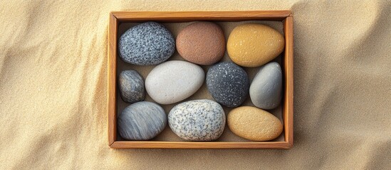 Leinwandbilder - Natural stone assortment in a wooden box on soft yellow sand at the beach showcasing earthy colors and textures for relaxation and wellness themes