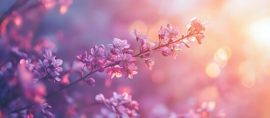 Poster - soft pastel bokeh background with blooming flowers illuminated by warm sunlight for dreamy and calming visuals