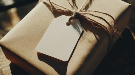 Poster - Blank white gift tag mockup on a wrapped kraft paper present tied with twine, ideal for holiday branding and packaging designs.
