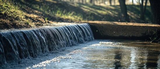 Poster - Renewed flow of water cascading from a reservoir in a serene natural setting with lush greenery and sunlight filtering through trees
