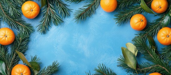 Aufkleber - Flat lay composition of mandarins and green fir branches on an azure background with space for message or text design.