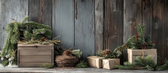 Aufkleber - Vintage Christmas setting with pine nesting box and wrapped gifts on a rustic wooden background showcasing holiday decor and natural elements