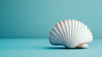 Poster - White scallop shell on a serene blue background showcasing natural beauty and coastal elements ideal for marine themed designs.