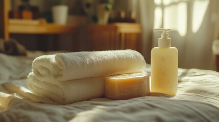 Aufkleber - Relaxing bathroom essentials with white towels shampoo and soap arranged on a cozy bed in soft natural light