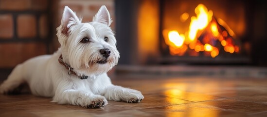 Aufkleber - West Highland White Terrier relaxing by a cozy fireplace creating a warm and inviting atmosphere in a home setting.