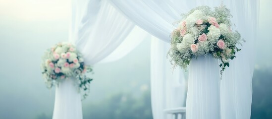 Aufkleber - Elegant wedding decoration elements featuring floral arrangements in soft colors set against a serene foggy backdrop for romantic ceremonies.