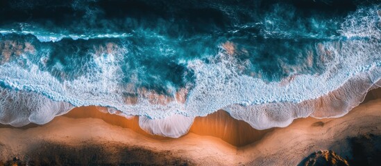 Leinwandbilder - Aerial view of ocean waves crashing onto a sandy beach creating a serene coastal landscape scene.