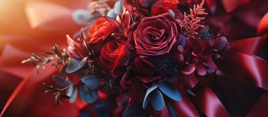 Aufkleber - Elegant burgundy satin ribbon wedding bouquet adorned with roses and greenery capturing romantic floral artistry and sophisticated charm