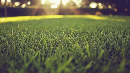 Aufkleber - Warm sunlight illuminating lush green grass in a serene outdoor setting captured in a vintage style photograph.