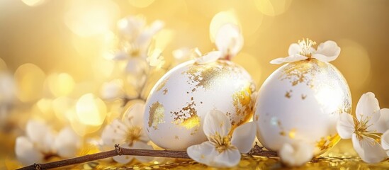 Poster - Elegant white Easter eggs decorated with delicate flowers against a shimmering golden background symbolizing spring and religious traditions