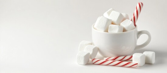 Poster - Marshmallows and striped candy cane in a cup with hot drink for festive celebration Vertical banner with selective focus and copy space