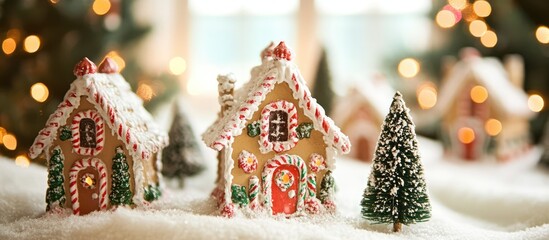 Poster - Vintage gingerbread house Christmas tree decorations with festive lights and snowy scene