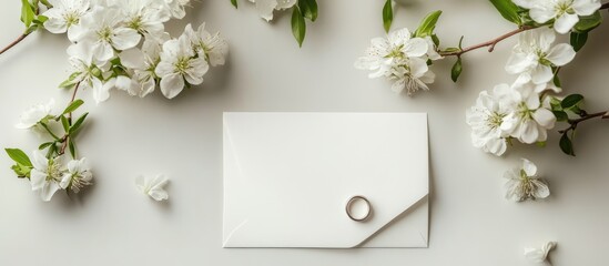 Poster - Elegant wedding card design with white flowers, an envelope, and a wedding ring arranged artistically on a soft background.