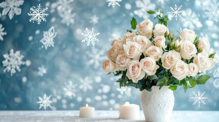 Aufkleber - Elegant white table adorned with a bouquet of roses and candles against a festive snowflake backdrop
