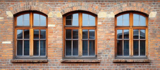 Poster - Weathered ancient windows with rustic bricks highlighting architectural history and timeless charm in a historical building facade