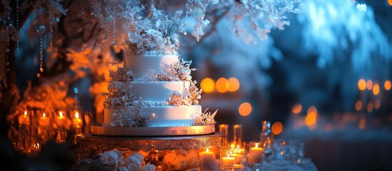 Poster - Elegant wedding cake adorned with delicate decorations and ambient lighting for a magical nighttime celebration