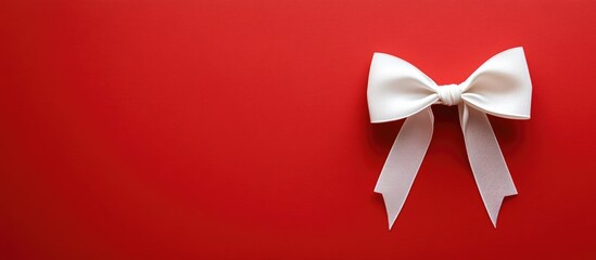 Poster - Elegant white satin ribbon bow on vibrant red background ideal for festive or gift-related designs and promotions.