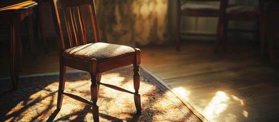 Poster - Cozy vintage wooden chair bathed in warm sunlight casting soft shadows in an inviting room ambiance