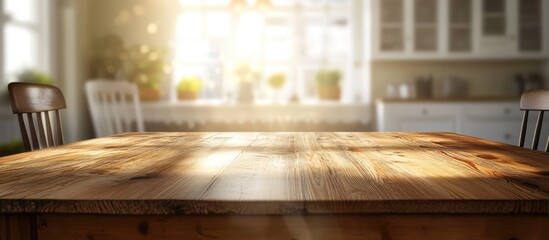 Aufkleber - Warm wooden kitchen table in bright airy interior with bokeh lights perfect for dining displays or creative montages