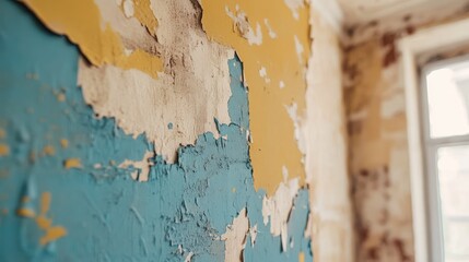 Aufkleber - Peeling paint on interior wall during home renovation showcasing damaged yellow and blue surfaces closeup in atmospheric setting.