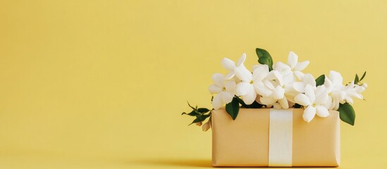 Aufkleber - Jasmine flowers in a gift box against a bright yellow background for a fresh and vibrant spring or celebration theme