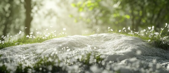 Aufkleber - Textured white surface in a sunlit green clearing with blurred background showcasing vibrant grass and delicate flowers.