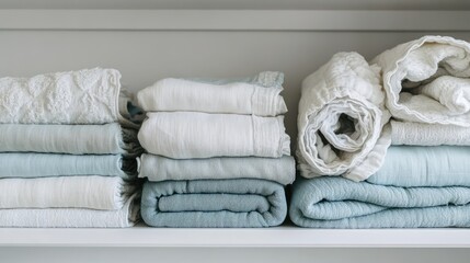 Aufkleber - Rolled and folded white and light blue towels neatly arranged on a shelf in a clean and organized bathroom setting