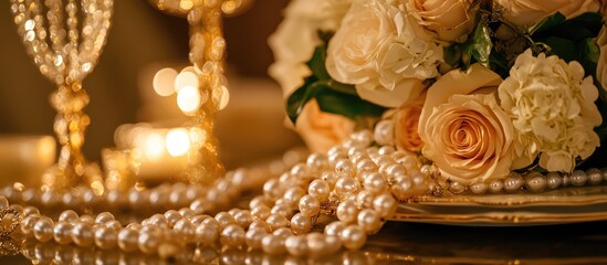 Aufkleber - Elegant wedding table setting featuring pearl jewelry and a beautiful floral arrangement with soft candlelight ambiance.