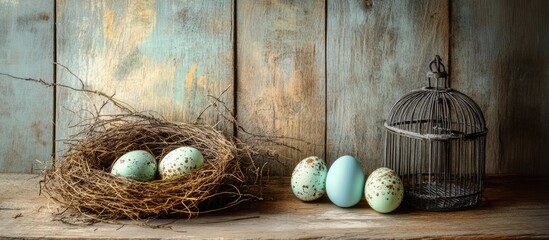 Poster - Nostalgic Easter still life with decorated eggs, a birdcage, and a rustic nest on a wooden backdrop for decoration and celebration themes