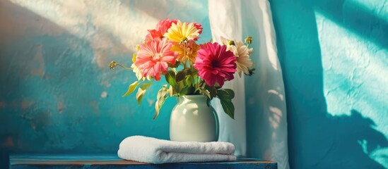 Aufkleber - Elegant white towel and vibrant flower vase in a bright room setting ideal for home decor styling and aesthetic interior design