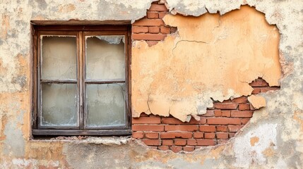 Poster - Damage to historic brick building exterior showcasing peeling paint and broken window detail.