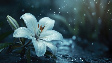 Poster - White lily blossom with raindrops in serene garden setting creating a tranquil and refreshing atmosphere