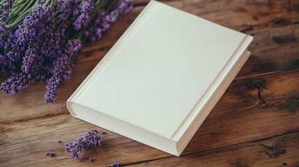 Aufkleber - minimalist white book mockup surrounded by lavender flowers and workspace accessories on a rustic wo