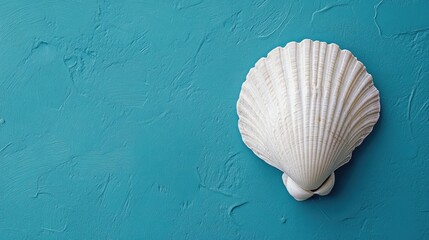 Poster - White cockle shell displayed on a vibrant blue background showcasing natural texture and coastal elegance