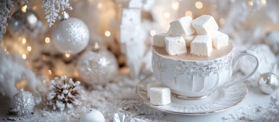 Poster - Warm cocoa with homemade marshmallows in an elegant cup, surrounded by winter decor and festive ornaments for a cozy seasonal atmosphere