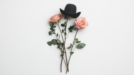 Aufkleber - Elegant floral arrangement with roses and a black hat on a white background for stylish invitation card mockup and creative design layout.