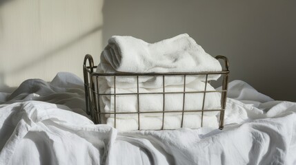 Poster - Folding white towels in a steel basket on crisp white sheets creating a serene and minimalist aesthetic for modern living spaces